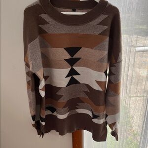 Western Brown Neutral Geometric Aztec Pullover Sweater - Small